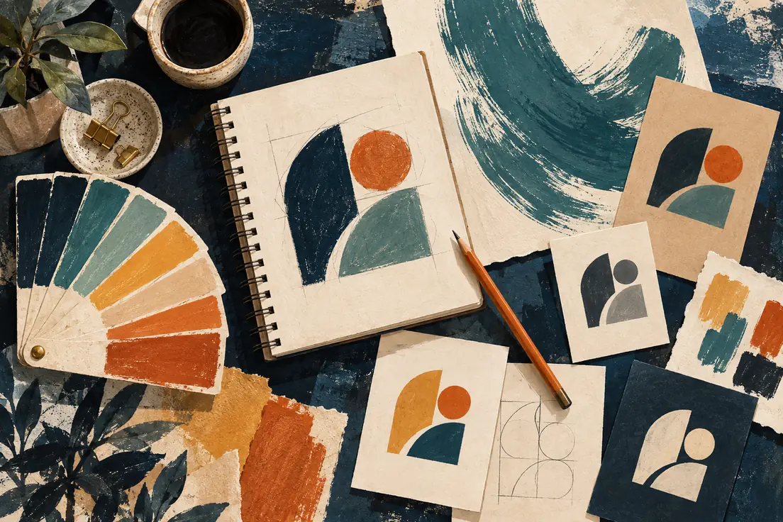 Painted illustration of a sketchbook logo study with colour swatches and identity cards on a studio desk
