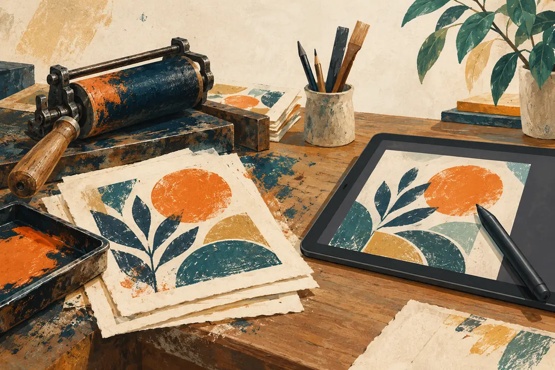 Painted illustration of a traditional printing press and hand-printed sheets beside the same artwork on a digital tablet