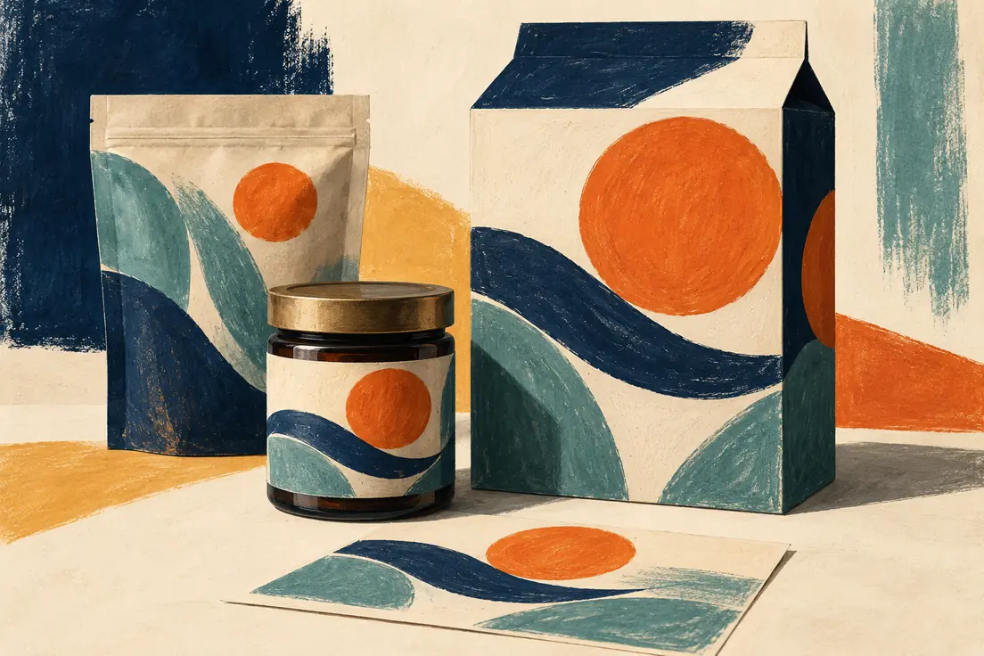 Painted illustration of a pouch, a jar and a carton sharing one packaging design