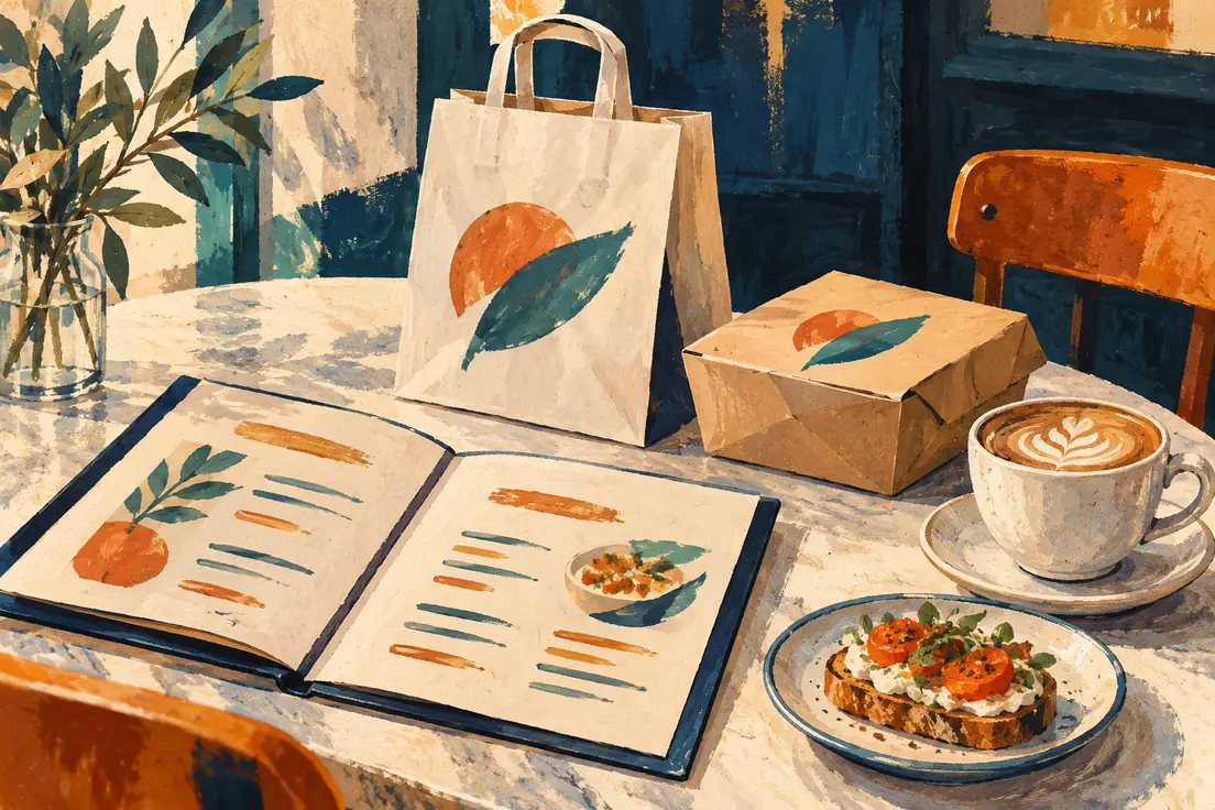 Painted illustration of a café table with an open menu, takeaway bag and box, coffee and toast