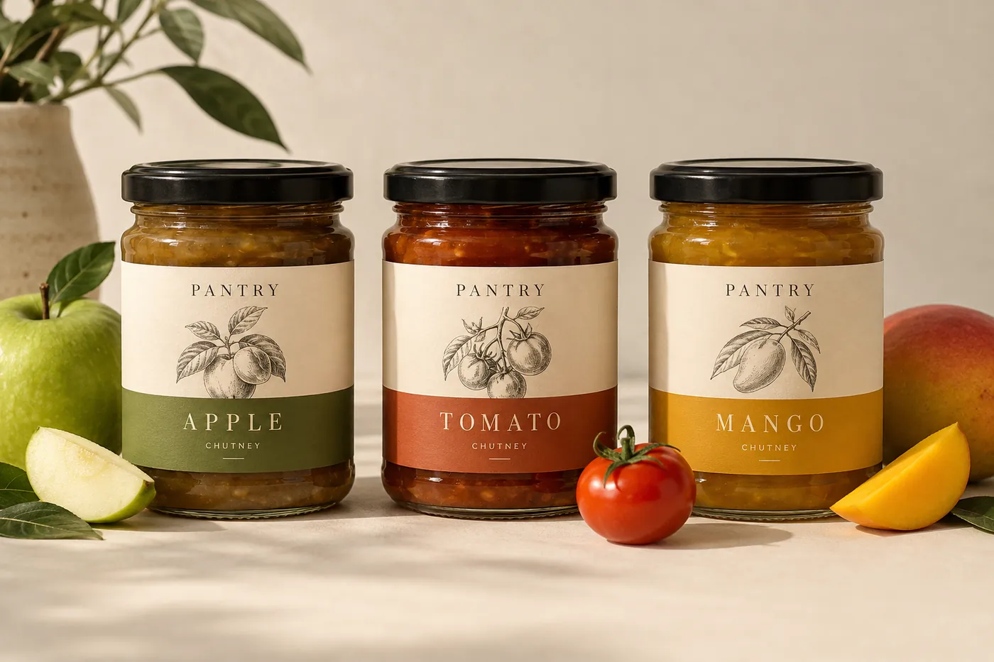 Three coordinated condiment jars — apple, tomato and mango chutney — with matching label design, styled with fresh produce