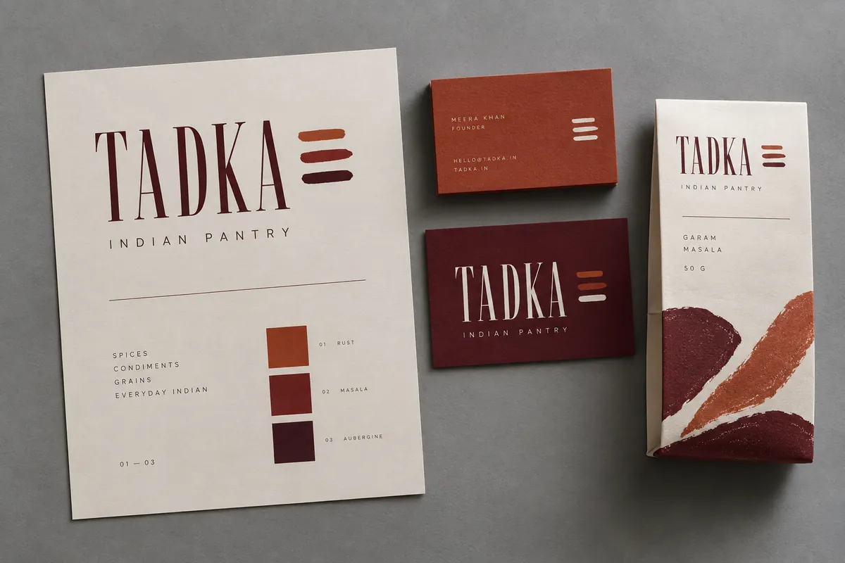 A connected brand identity system: guideline sheet with colour palette, two business card colourways and a packaging box, all sharing one typographic system