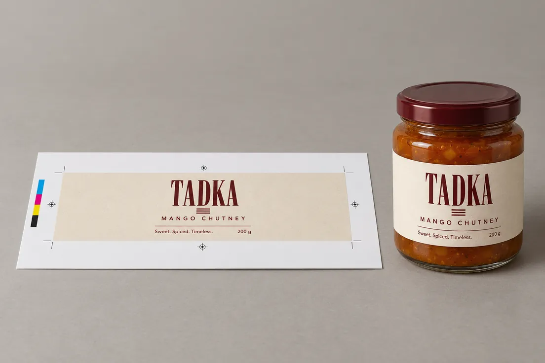 Print-ready label artwork with crop marks, registration marks and a colour bar, laid flat beside the finished mango chutney jar wearing the same label
